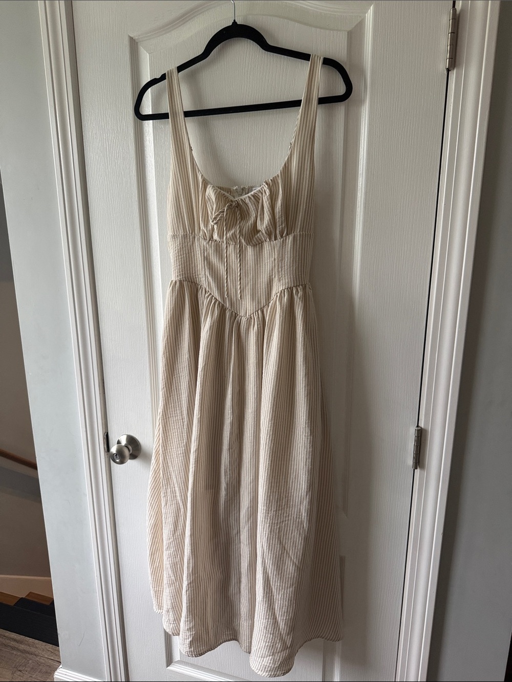 Cream Striped Midi milkmaid Sundress